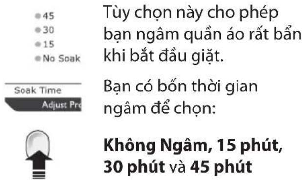 45 30 15 No Soak Tùy chọn này cho phép bạn ngâm quần áo rất kỹ khi bắt đầu giặt. Soak Time Adjust Pro Bạn có thể bổ sung thời gian ngâm để chọn: Không ngâm, 15 phút, 30 phút và 45 phút