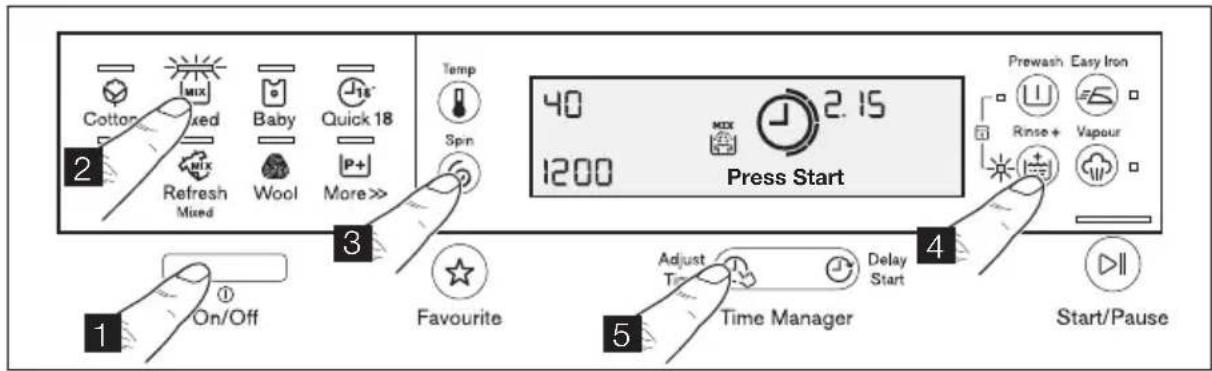 Cotton MIX fixed Baby Quick 18 2 Refresh MIX Wool P+ More>> Temp Spin 40 1200 2.15 Press Start Prewash Easy Iron Rinse + Vapour 3 Favourite 4 5 Adjust Time Time Manager Delay Start Start/Pause
