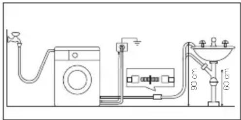 Diagram of a household air conditioner system with labeled dimensions: 90 cm height and 60 cm width.
