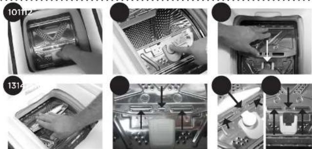 Black-and-white photo collage showing appliance cleaning steps with numbered labels and arrows indicating inspection or repair actions.