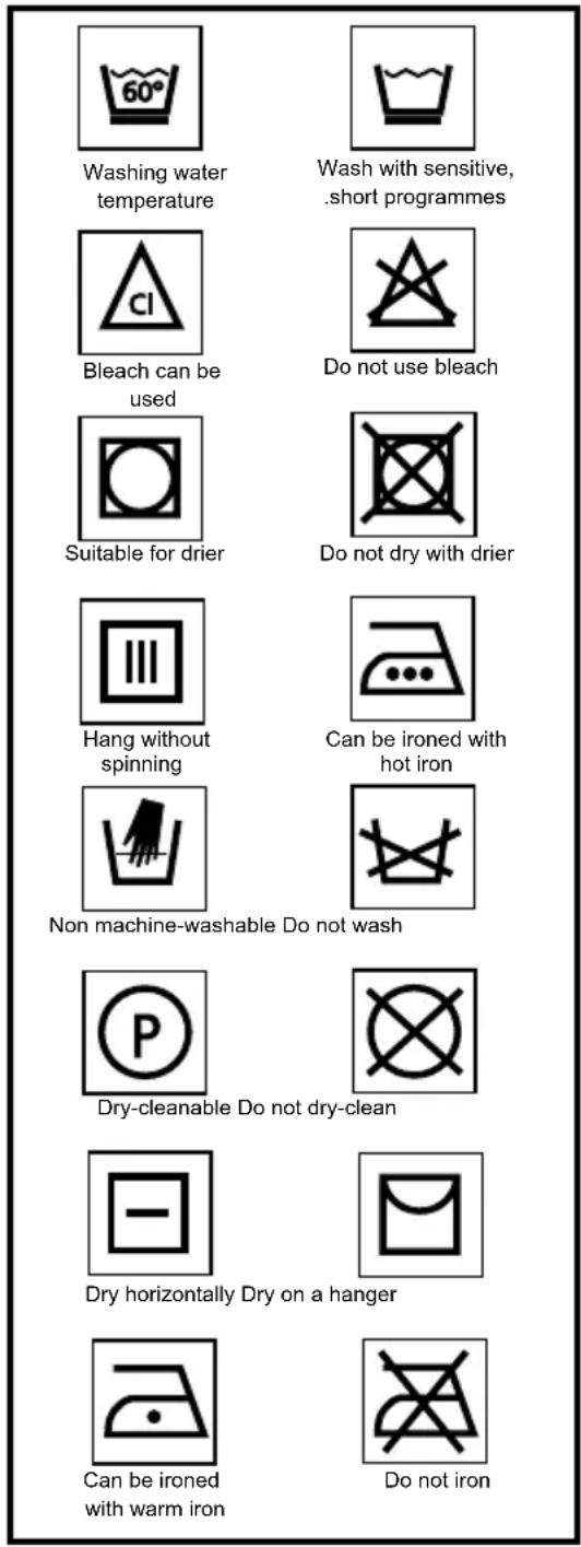 60° Washing water temperature CI Bleach can be used Suitable for drier Wash with sensitive, .short programmes Do not use bleach Do not dry with drier Hang without spinning Can be ironed with hot iron Non machine-washable Do not wash Dry-cleanable Do not dry-clean Dry horizontally Dry on a hanger Can be ironed with warm iron Do not iron