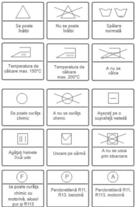 Se poate înălbi Nu se poate înălbi Spălare normală Temperatura de călcare max. 150°C Temperatura de călcare max. 200°C A nu se călca Se poate curăța chimic A nu se curăța chimic Așezați pe o suprafață netedă Agățați hainele încă ude Uscare pe sărmă A nu se usca prin stoarcere Se poate curăța chimic cu motorină, alcool pur și R113 P Percloretilenă R11, R13, benzină A Percloretilenă R11, R113, motorină