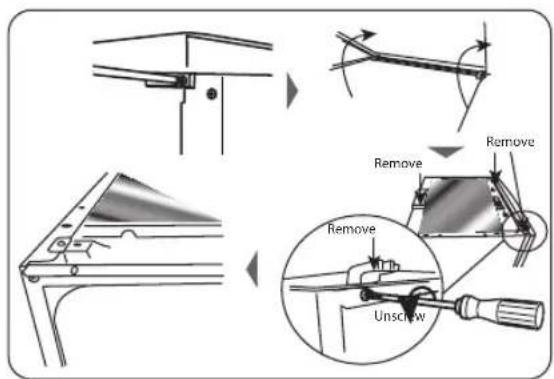 Technical diagram illustrating mechanical assembly steps with labeled states: Remove, Unscrow, and a disassembly step.
