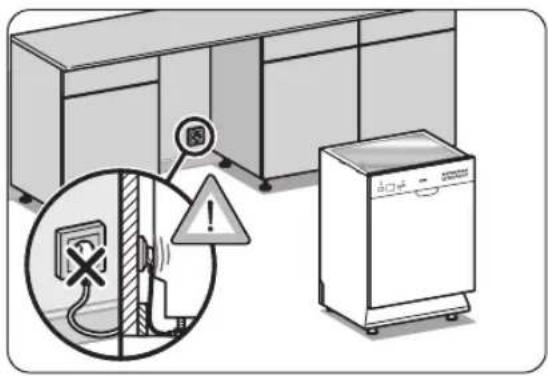 Safety warning illustration showing electrical hazard with a power outlet, warning symbol, and factory equipment