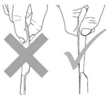 Diagram showing two hand positions: one with a cross mark and another with a checkmark, illustrating a correct or incorrect procedure.
