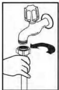 Illustration of a hand holding a faucet with a valve, no text or symbols present