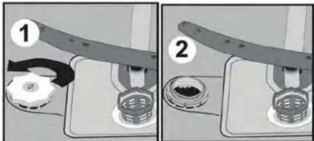 Two-step diagram showing a mechanical assembly with labeled parts (1 and 2), no readable text or symbols present.