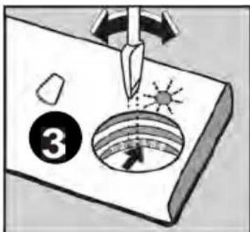 Illustration showing a tool hammering a surface with a sun and arrow, labeled with number 3