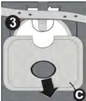 Diagram of a mechanical component with labeled parts and directional arrow, marked with numbers 3 and C.