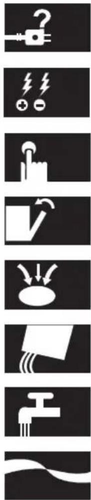 Vertical sequence of black-and-white icons representing electrical and mechanical symbols, including a question mark, lightning bolt, hand gesture, valve, drop, and plug.
