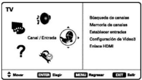 TV Canal / Entrada ? Búsqueda de canales Memoria de canales Establecer entradas Configuración de Video3 Enlace HDMI Mover ENTER Elagir MENU Registrar EXIT Salir