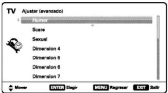TV Ajustar (avanzado) Humor Scare Sexual Dimension 4 Dimension 5 Dimension 6 Dimension 7 Mover ENTER Elagir MENU Regresser EXIT Salir