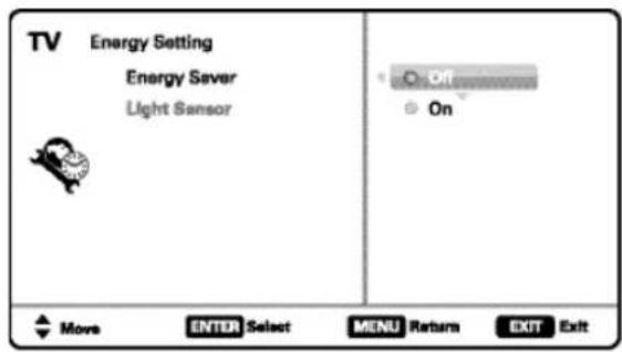 TV Energy Setting Energy Sever Light Sensor Off On Move ENTER Select MENU Return EXIT Exit