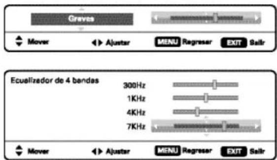 Graves Mover Ajustar MENU Regresar EXIT Salir Ecualizador de 4 bandas 300Hz 1KHz 4KHz 7KHz Mover Ajustar MENU Regresar EXIT Salir