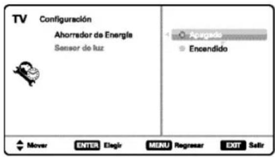 TV Configuración Ahorrador de Energía Sensor de luz Aporgado Encendido Mover ENTER Elegir MENU Regresar EXIT Selir