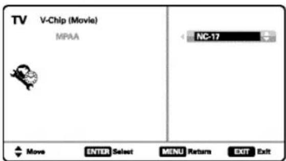TV V-Chip (Movie) MPAA NC-17 Move ENTER Select MENU Return EXIT Exit