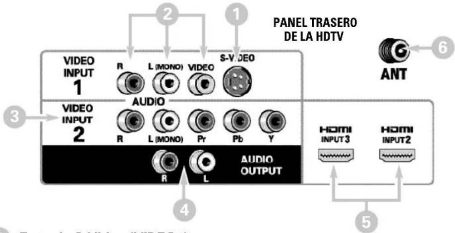 PANEL TRASERO DE LA HDTV ANT VIDEO INPUT 1 R L (MONO) VIDEO S-VIDEO AUDIO VIDEO INPUT 2 R L (MONO) Pr Pb Y R L AUDIO OUTPUT HOMI INPUT3 HOMI INPUT2 4 5 Entrolle C Video (DVD6)