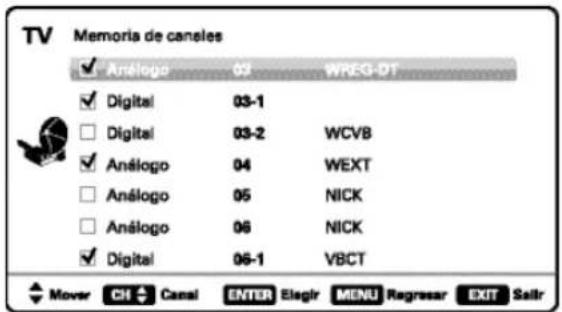 TV Memoria de canales ✓ Anélogo 03 WREG-DT ✓ Digital 03-1 □ Digital 03-2 WCVB ✓ Anélogo 04 WEXT □ Anélogo 05 NICK □ Anélogo 06 NICK ✓ Digital 06-1 VBCT Mover CH Canal ENTER Elegir MENU Regresar EXIT Sallr