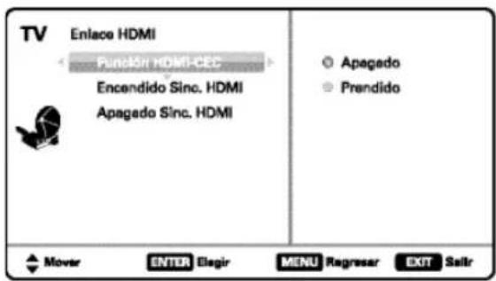 TV Enlace HDMI Plancón HDMI-CEC Encendido Sinc. HDMI Apagado Sinc. HDMI Apagado Prendido Mover ENTER Elegir MENU Regresar EXIT Salir