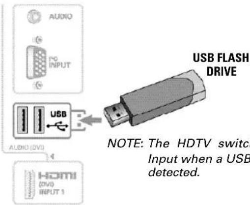 AUDIO FG INPUT USB AUDIO (SVD) 4 HDMI (DVD) INPUT 1 USB FLASH DRIVE NOTE: The HDTV switch Input when a USB detected.