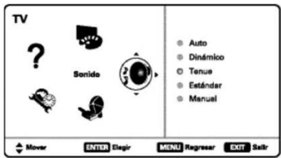 TV ? Sonido Auto Dinámico Tenue Estándar Manual Mover ENTER Eligir MENU Regressor EXIT Sallir