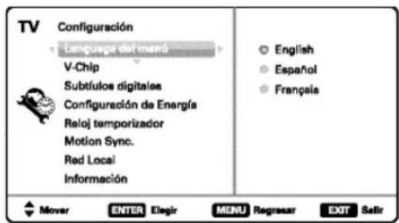 TV Configuración Language del euro V-Chip Subtulos digitales Configuración de Energía Reloj temporizador Motion Sync. Red Local Información English Español Français Mover ENTER Elegir MENU Regresar EXIT Sell