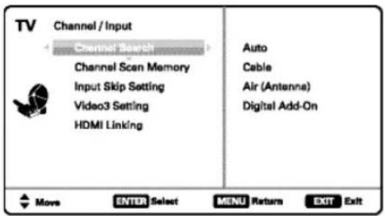 TV Channel / Input Channel Search Channel Scan Memory Input Skip Setting Video3 Setting HDMI Linking Auto Cable Air (Antenna) Digital Add-On Move ENTER Select MENU Return EXIT Exit