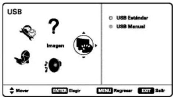 USB Imagen ○ USB Estándar ● USB Manual ▲ Mover ENTER Elegir MENU Regressar EXIT Salir