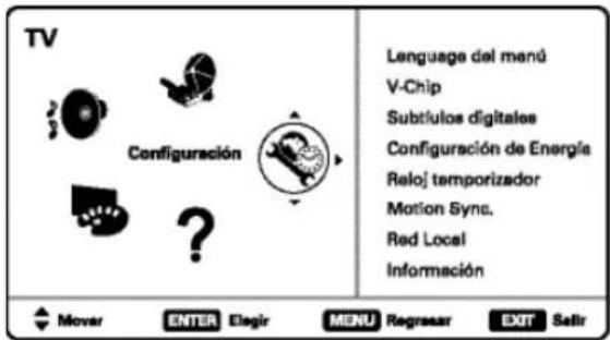 TV Configuración Language del menú V-Chip Subtítulos digitales Configuración de Energía Reloj temporizador Motion Sync. Red Local Información Mover ENTER Elegir MENU Registrar EXIT Seller