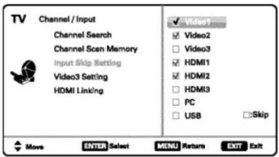 TV Channel / Input Channel Search Channel Scan Memory Input Skip Setting Video3 Setting HDMI Linking Video1 Video2 Video3 HDMI1 HDMI2 HDMI3 PC USB :Skip Move ENTER Select MENU Return EXIT Exit