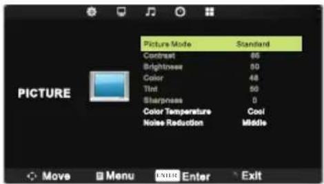 Picture Mode Contrast Brightness Color Tint Sharpness Color Temperature Noise Reduction Standard 86 80 48 50 0 Cool Middle Move Menu X102 Enter Exit