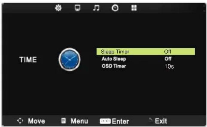 TIME Sleep Timer Off Auto Sleep Off OSD Timer 10s Move Menu Enter Exit