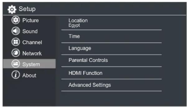 Setup Picture Sound Channel Network System About Location Egypt Time Language Parental Controls HDMI Function Advanced Settings