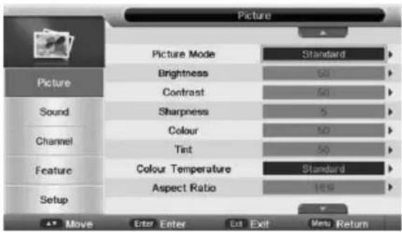 Picture Picture Mode Standard Brightness 50 Contrast 50 Sharpness 5 Colour 50 Tint 50 Colour Temperature Standard Aspect Ratio 16.9 Move Enter Exit Menu Return