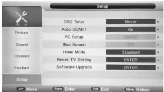 Setup OSD Timer Never Auto SCART On PC Setup ENTER Blue Screen Off Home Mode Standard Reset TV Setting ENTER Software Upgrade ENTER Picture Sound Channel Feature Setup Move Enter Enter Exit Menu Return