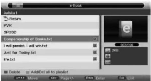 e-Book /judska1 Return PVR SPOSD Companionship of Books.txt I will persist. I will win.txt Just for Today.txt life.txt Delete Add/Del all to playlist 003/006 2KB AT 11 Move Page+/- Enter Enter Exit
