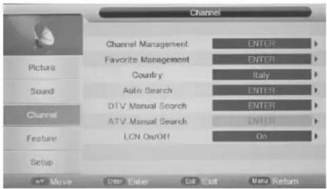 Channel Channel Management ENTER Favorite Management ENTER Country Italy Sound Auto Search ENTER Channel DTV Manual Search ENTER ATV Manual Search ENTER Feature I.CN On/OFF On Setup +T Move Enter Enter Exit Main Return