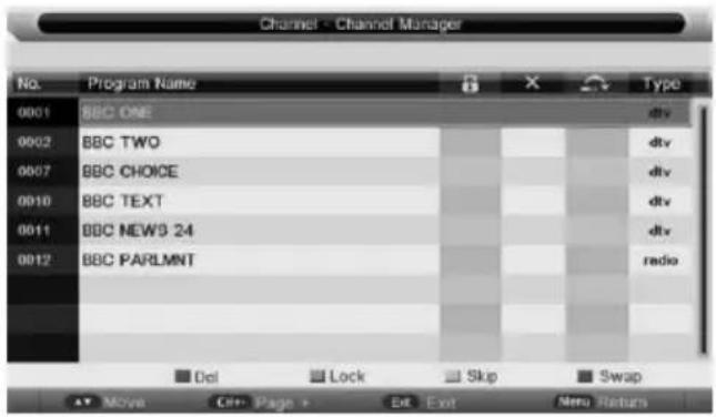 Channel - Channel Manager No. Program Name Type 0001 BBC ONE dtv 0002 BBC TWO dtv 0007 BBC CHOICE dtv 0010 BBC TEXT dtv 0011 BBC NEW9 24 dtv 0012 BBC PARLMNT radio Del Lock Skip Swap Move Ctrl+ Page+ Ext Exit Menu Return