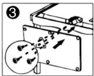 Diagram showing mechanical assembly with labeled parts and directional arrows, including a magnified inset of bolted components.