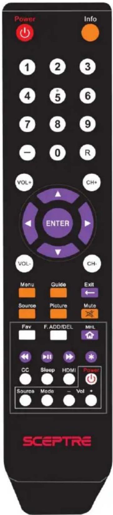 Power Info 1 2 3 4 5 6 7 8 9 - 0 R VOL+ CH+ ENTER VOL- CH- Menu Guide Exit Source Picture Mute Fav F. ADD/DEL MHL CC Sleep HDMI Power Source Mode Vol + SCEPTRE