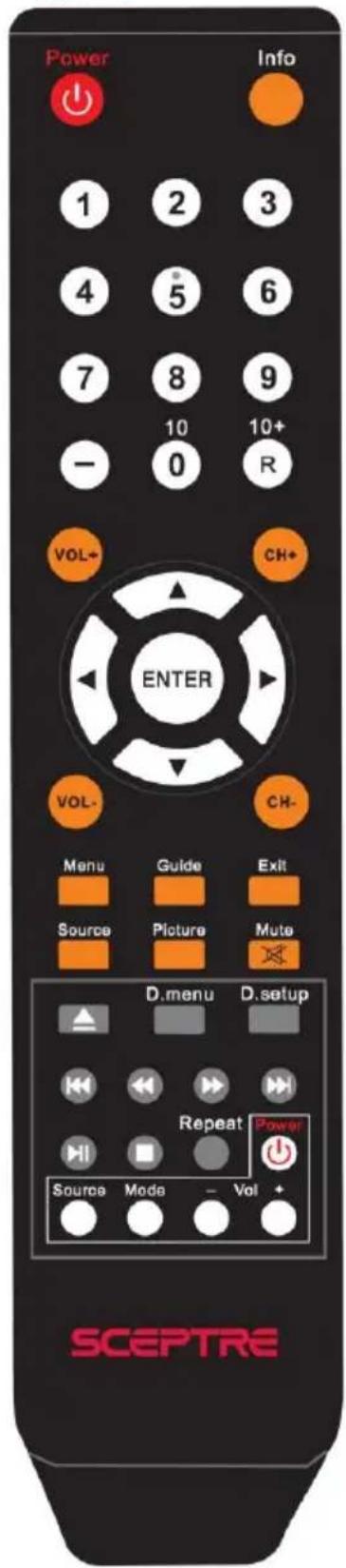 Power Info 1 2 3 4 5 6 7 8 9 10 10+ - 0 R VOL+ CH+ ENTER VOL- CH- Menu Guide Exit Source Picture Mute D.menu D.setup Repeat Power Source Mode Vol + SCEPTRE