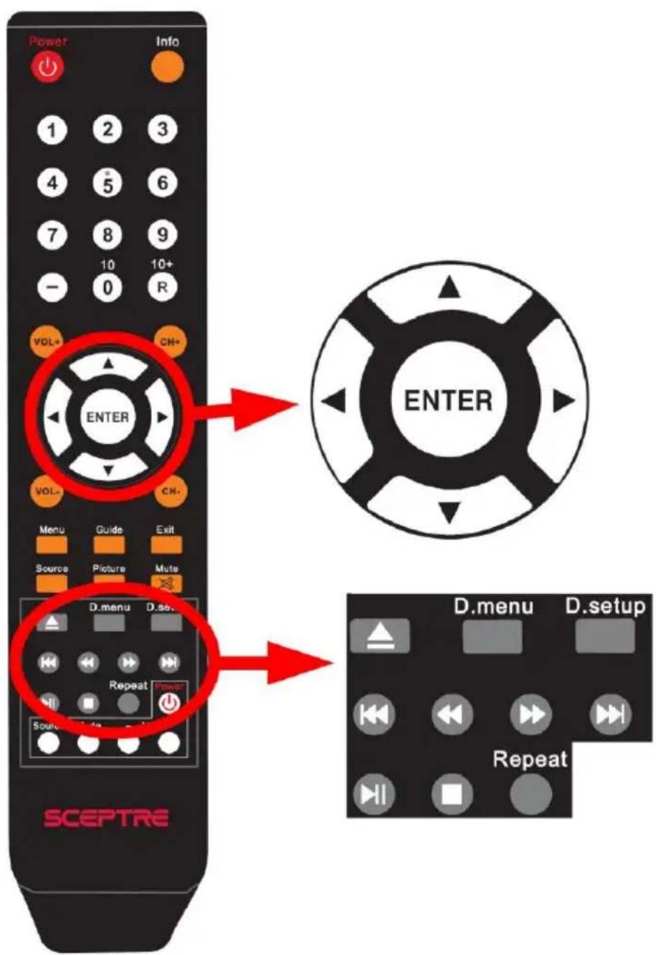Power Info 1 2 3 4 5 6 7 8 9 10 10+ - 0 R VOL+ CH+ ENTER VOL- CH- Menu Guide Exit Source Picture Mute D.menu D.set Repeat Power SCEPTRE D.menu D.setup Repeat