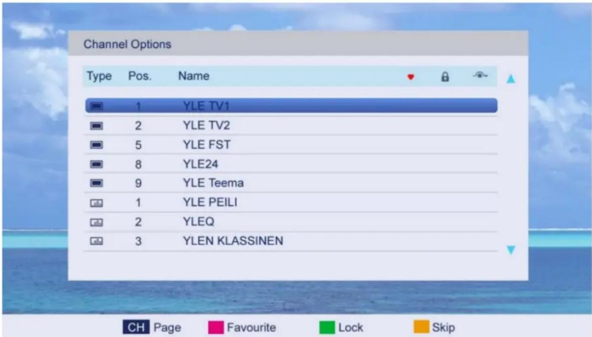 Channel Options Type Pos. Name 1 YLE TV1 2 YLE TV2 5 YLE FST 8 YLE24 9 YLE Teema 1 YLE PEILI 2 YLEQ 3 YLEN KLASSINEN CH Page Favourite Lock Skip