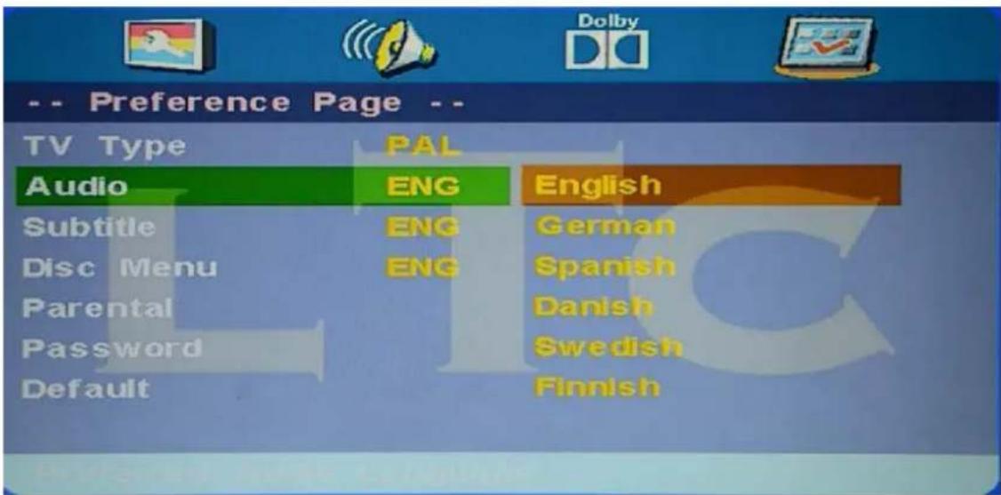 Dolby TV Type Audio Subtitle Disc Menu Parental Password Default PAL ENG ENG ENG English German Spanish Danish Swedish Finnish