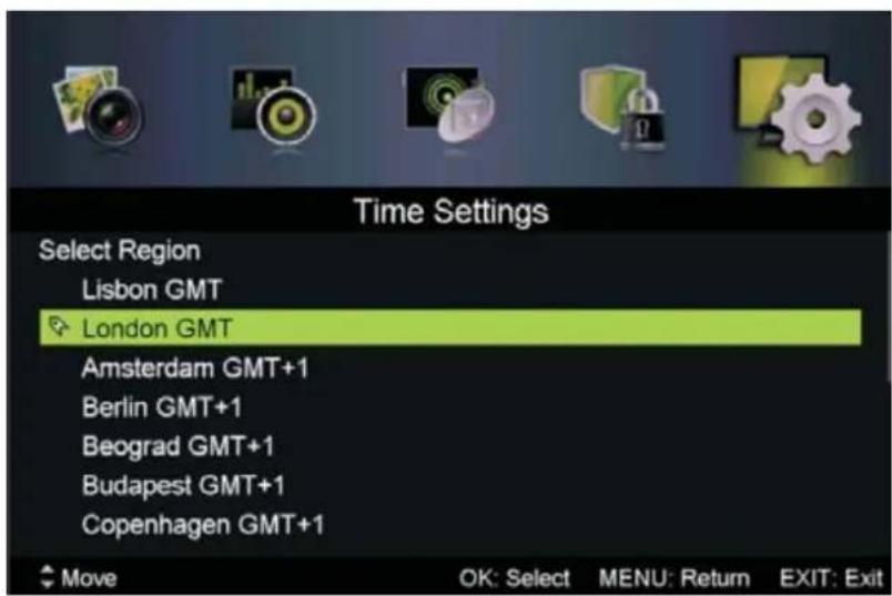 Time Settings Select Region Lisbon GMT London GMT Amsterdam GMT+1 Berlin GMT+1 Beograd GMT+1 Budapest GMT+1 Copenhagen GMT+1 Move OK: Select MENU: Return EXIT: Exit