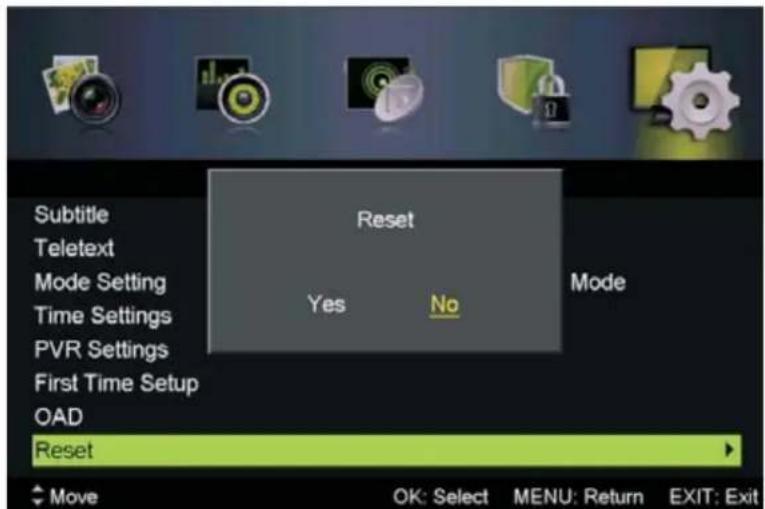 Subtitle Teletext Mode Setting Time Settings PVR Settings First Time Setup OAD Reset Reset Yes No Mode OK: Select MENU: Return EXIT: Exit