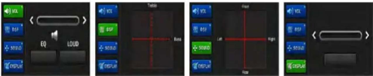 Screenshot of a mobile phone interface showing four function panels with labeled buttons like VCL, DSP, SOUND, and Display.