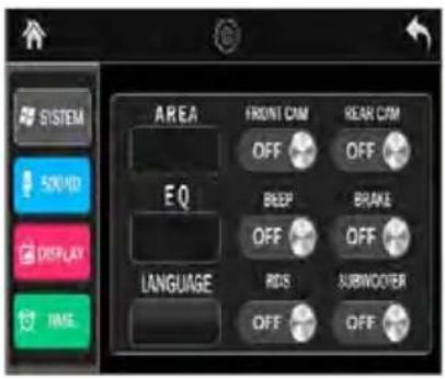 SISTEM SOUND DISPLAY TIME AREA FRONT CMM REAR CMM OFF OFF EQ BEEP BRANE OFF OFF LANGUAGE RDS SUBWOOFER OFF OFF