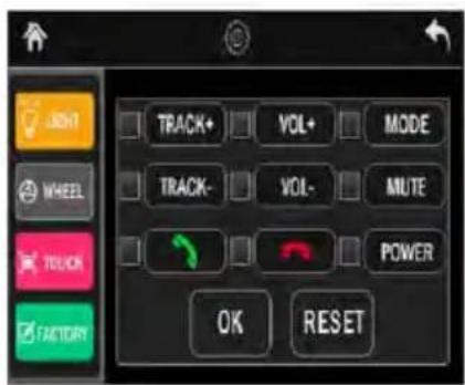LIGHT WHEEL TOUCH FACTORY TRACK+ VOL+ MODE TRACK- VOL- MUTE POWER OK RESET