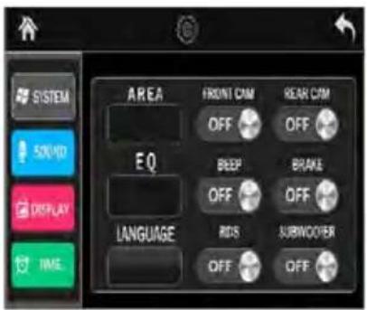SISTEM 50%ID DISPLAY TIME AREA FRONT CAM REAR CAM OFF OFF EQ BEEP BRANE OFF OFF LANGUAGE RDS SUBWOOFER OFF OFF